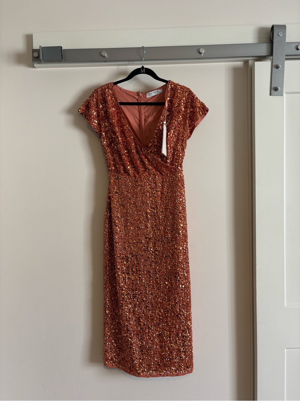 Mac Duggal Copper Sequin Wrap V-Neck Midi Dress NWT